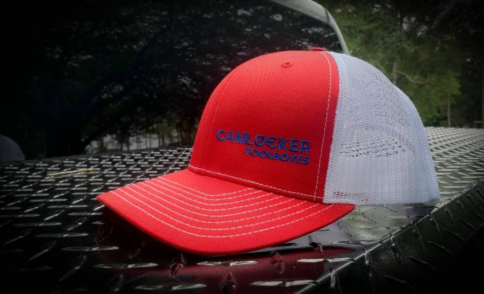 CamLocker red on white hat with blue lettering 